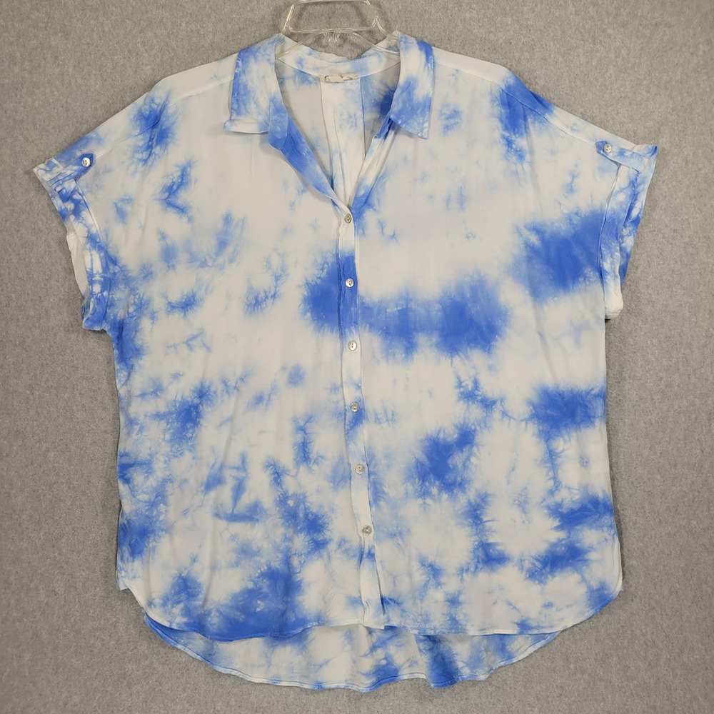 Jane and Delancey Shirt Womens 1X Rayon Tie Dye Blue White Short Sleeve